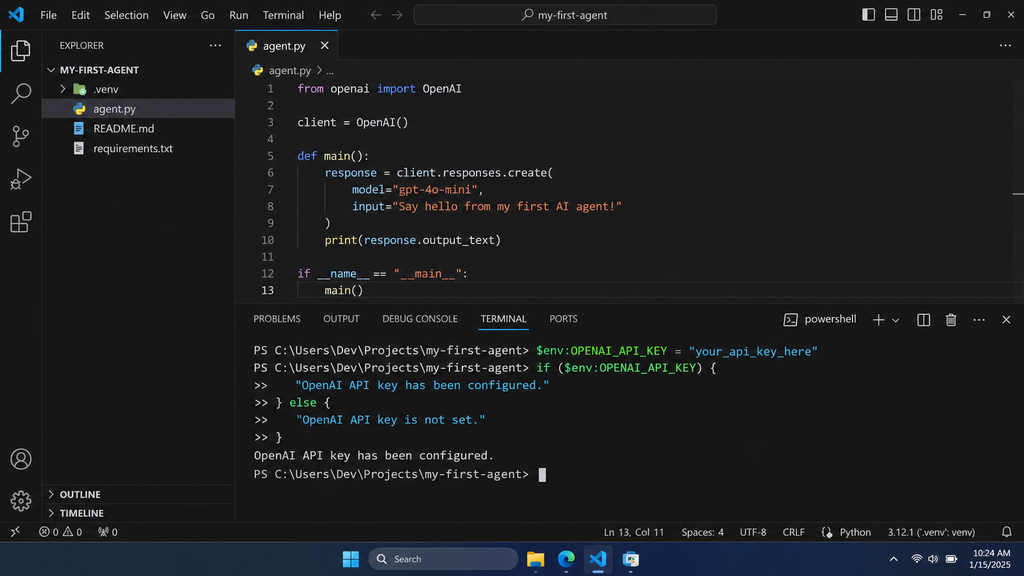 VS Code PowerShell terminal showing an OPENAI_API_KEY environment variable command with a placeholder value.