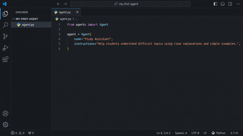 VS Code editor showing a Python Agent object named Study Assistant with instructions for explaining difficult topics.