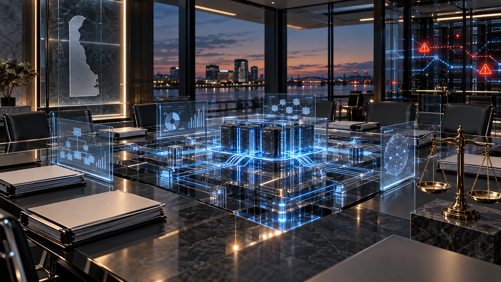 AI computing system at the center of a corporate boardroom, with a Delaware outline, legal documents, justice scales, and security alerts.