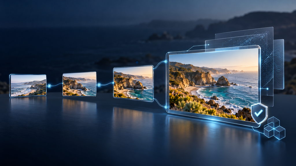 Connected coastal video frames showing an editing history, with translucent metadata layers and a verification shield.