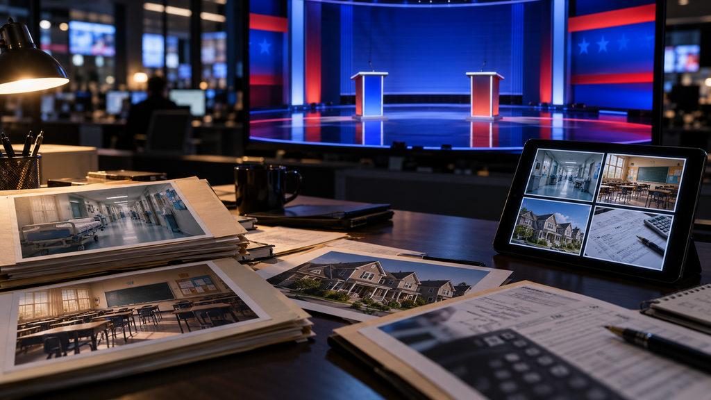 Televised election debate stage behind newsroom documents showing health care, education, housing and taxes.