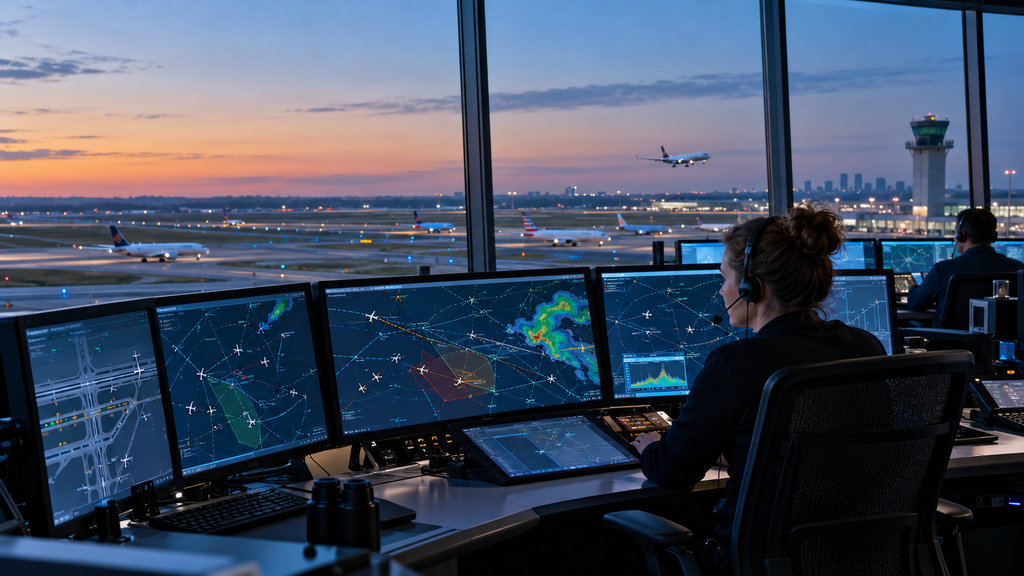 Air traffic controller monitoring flight routes and weather displays with airport runways and aircraft visible through large windows.