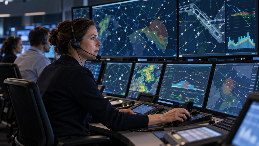 Controller wearing a headset operates a console beside screens displaying aircraft routes, weather patterns, and traffic forecasts.