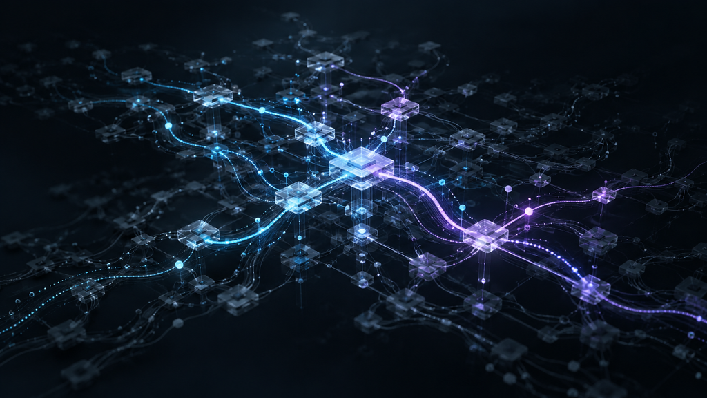 Abstract AI network with cyan and violet reasoning pathways connecting computational nodes, while other routes fade into darkness.