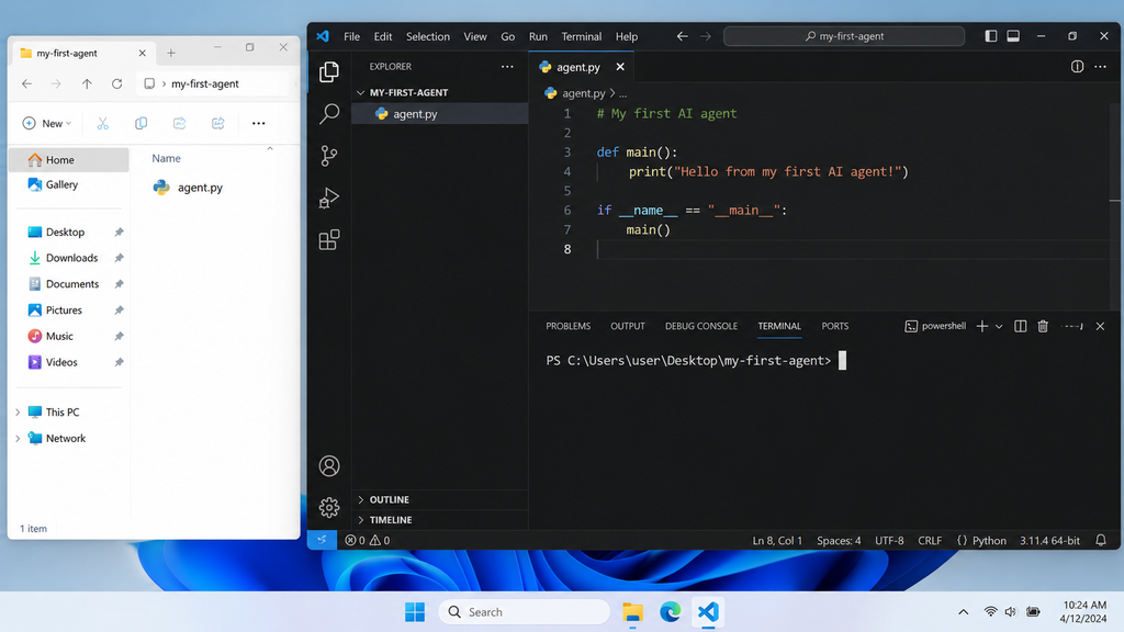 Windows File Explorer and VS Code showing a my-first-agent folder with an agent.py Python file.