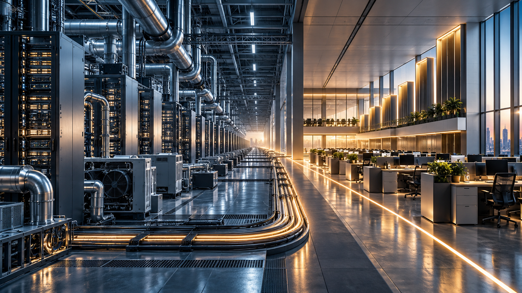 Server racks and industrial cooling systems transition into a modern office, connected by warm illuminated pathways.