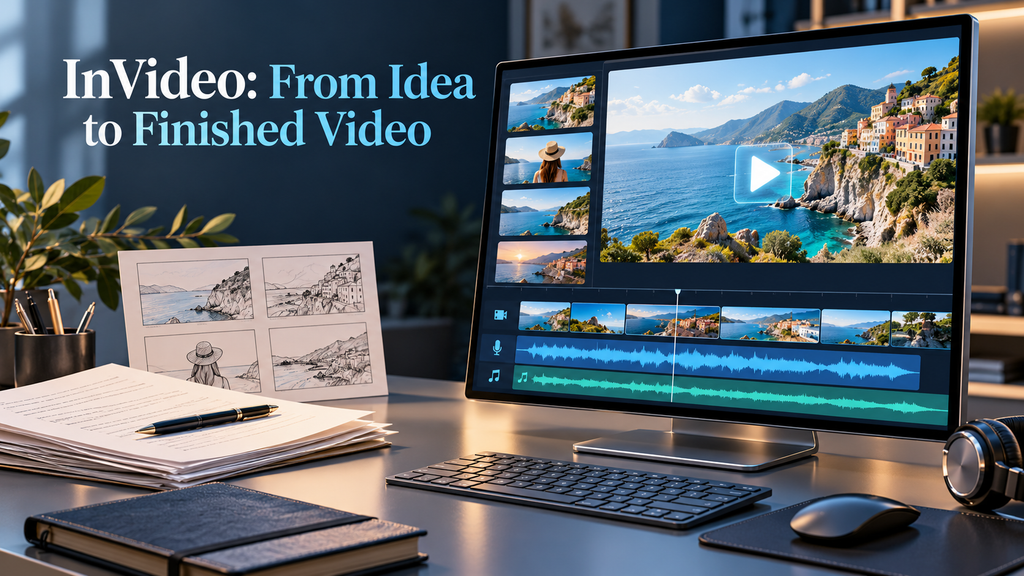 Conceptual video production workspace with script pages, a coastal storyboard, video preview, and audio timeline.