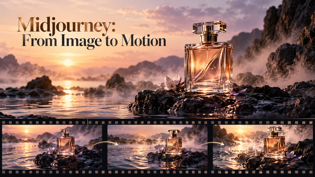 Perfume bottle on coastal rocks with three film frames illustrating changes in water, mist, and perspective.