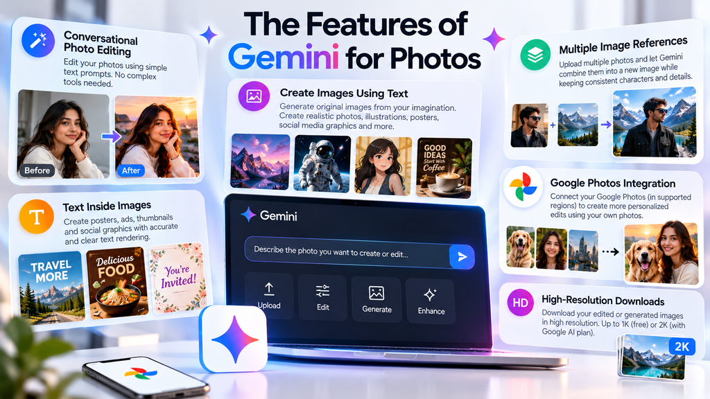 Google Gemini for Photos features including conversational editing, AI image generation, multiple image references, text rendering, and Google Photos integration.
