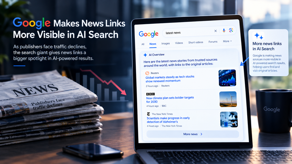 Laptop displaying Google's AI Overview with linked news stories beside newspapers representing declining publisher traffic