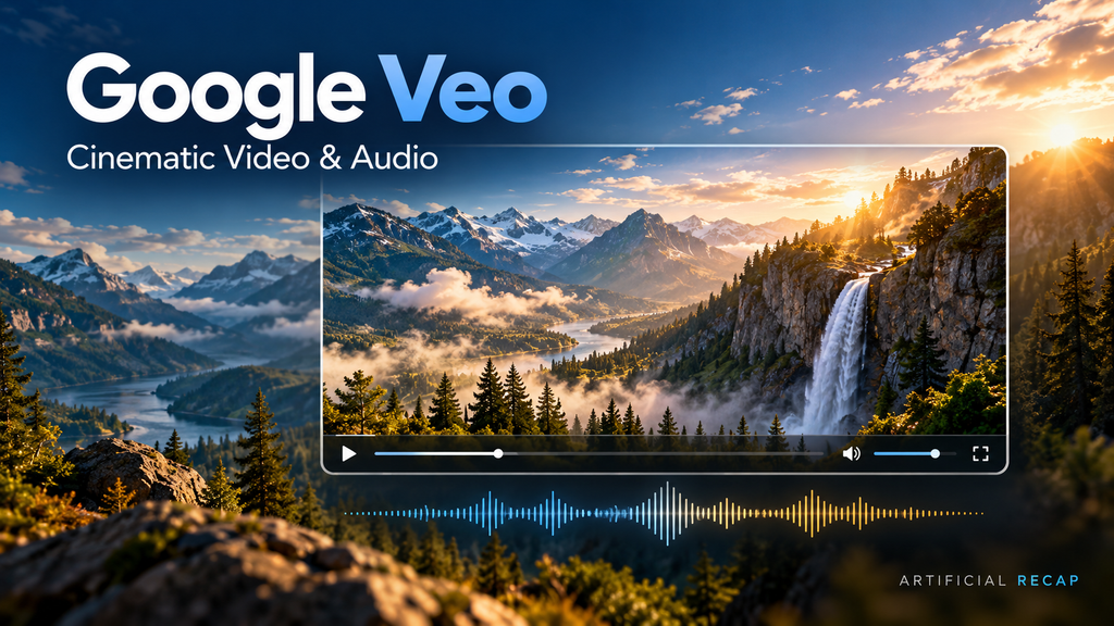Google Veo illustration showing a mountain waterfall inside a video player with an audio waveform below.