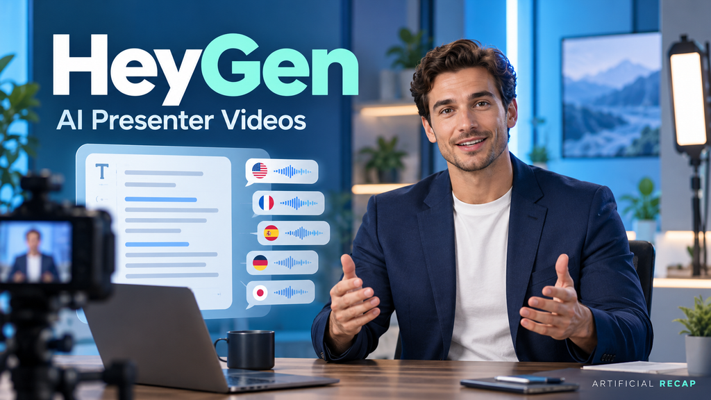 HeyGen illustration featuring a male presenter beside a script panel and multilingual audio symbols.