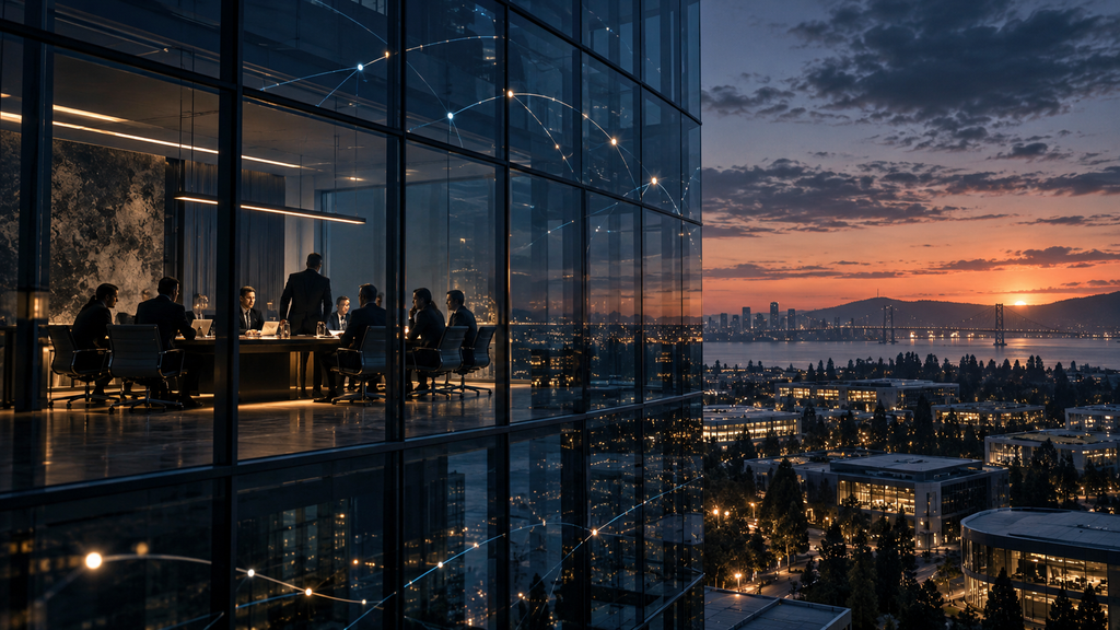 Glass technology headquarters at dusk with executives in a boardroom and connected light patterns reflected across the windows.