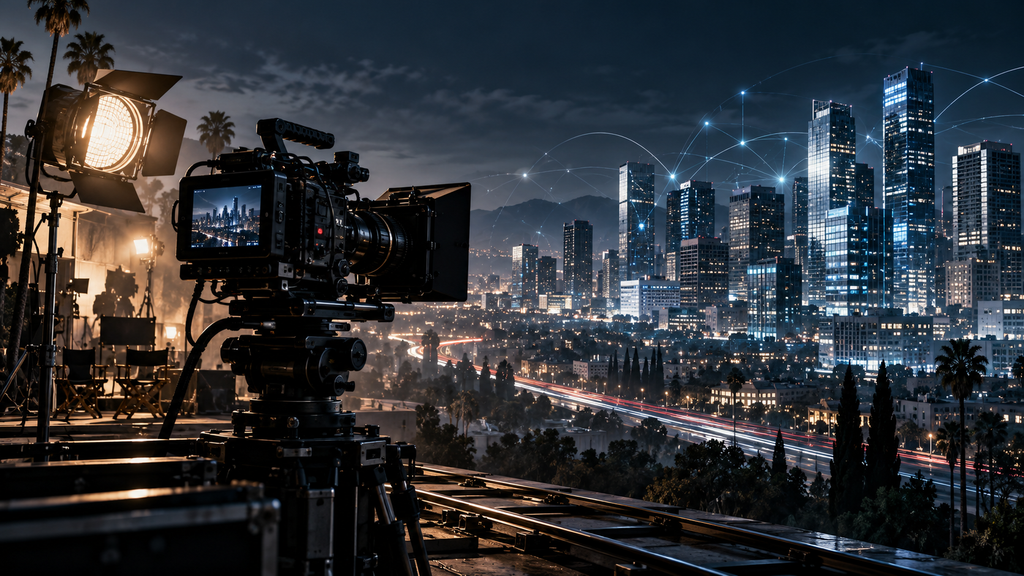 Professional cinema camera overlooking a nighttime technology skyline with illuminated corporate towers and subtle network patterns.