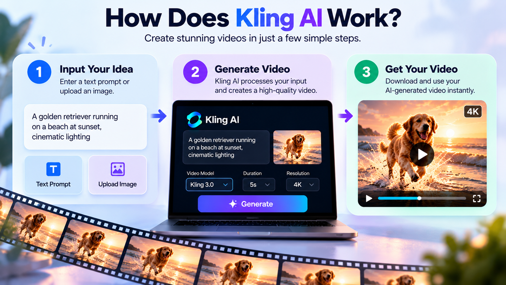 Three-step Kling AI video generation workflow showing text prompt or image input, AI video creation, and the final generated video.