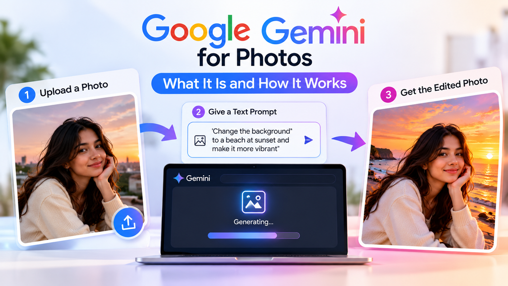 How Google Gemini for Photos works through uploading an image, entering a text prompt, and generating an AI-edited photo.