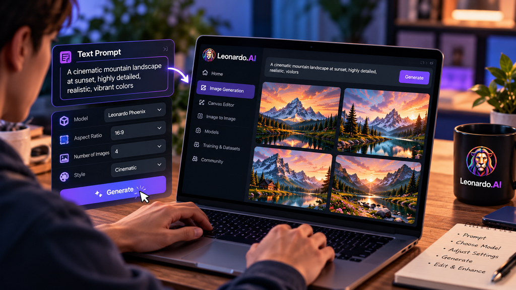 Leonardo AI image generation workflow showing text prompts, model selection, image settings, and AI-generated mountain landscapes.