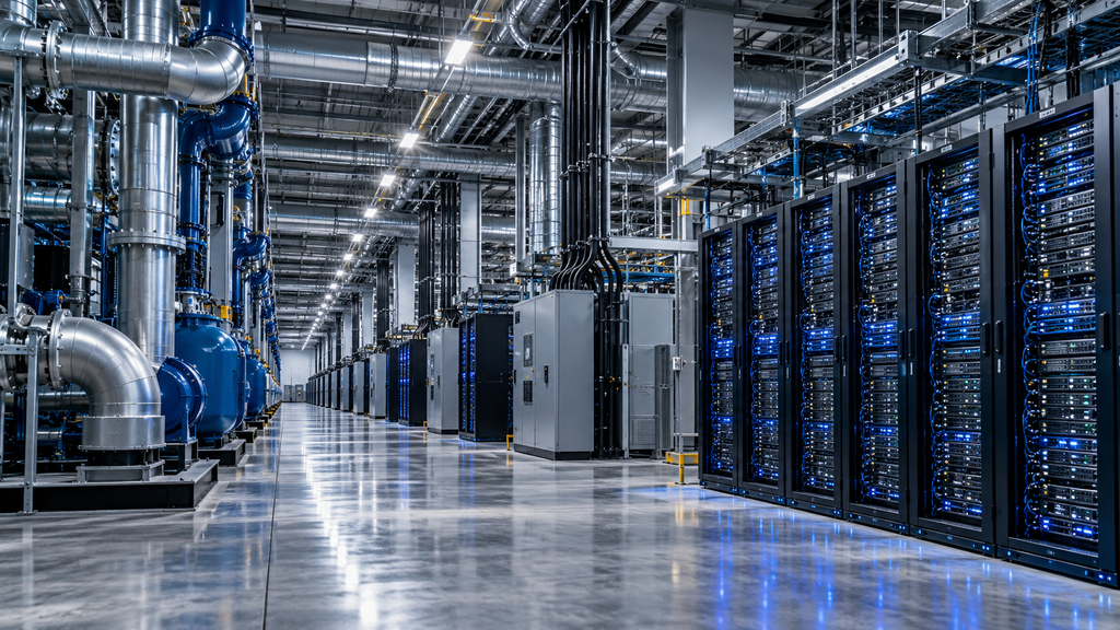 Long rows of server racks beside industrial cooling pipes and power distribution equipment inside a large data center.
