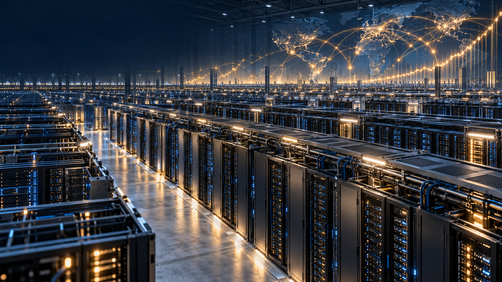 Vast rows of server racks inside a data center, with an illuminated world map and rising economic lines in the background.