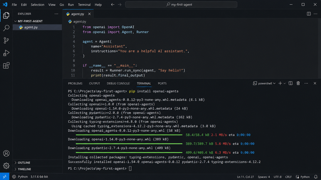 VS Code terminal displaying pip install openai-agents and installation output beneath an agent.py editor.