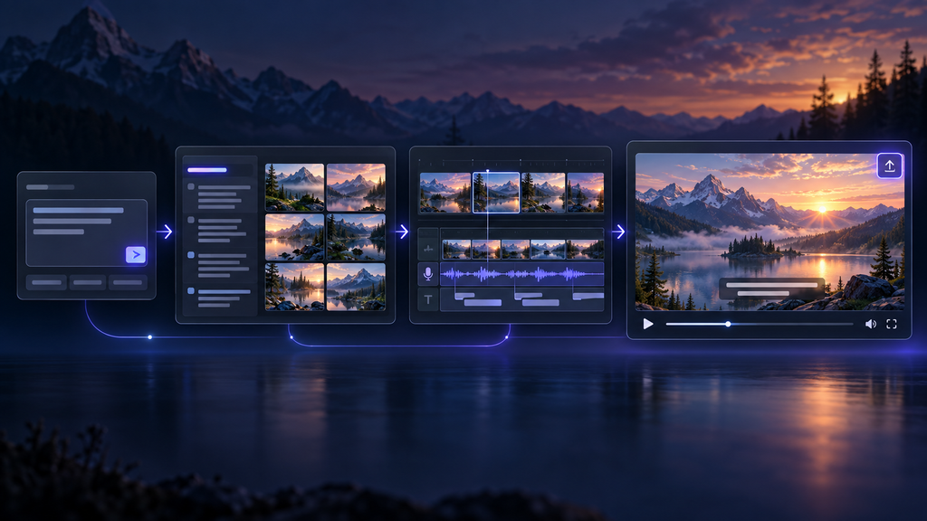 Four connected panels showing a text prompt, script and storyboard, video editing with voiceover, and a finished video.