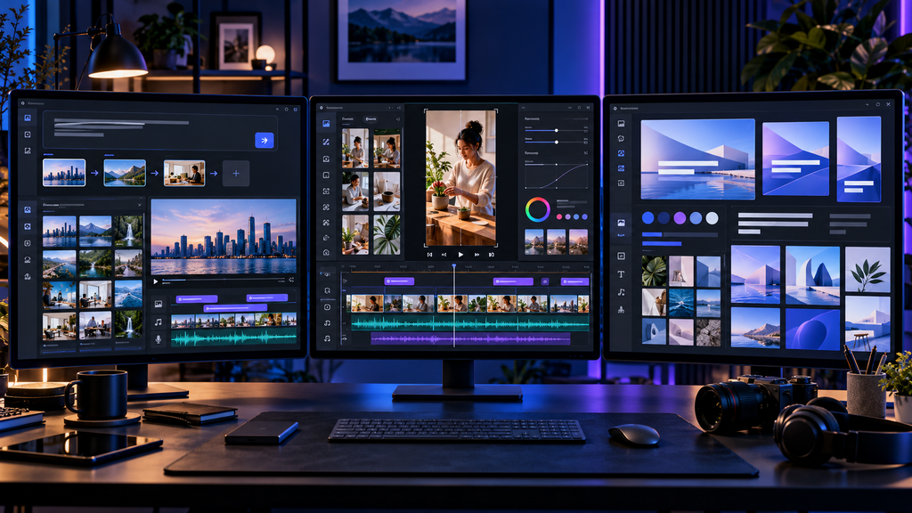 Three monitors showing automated prompt-to-video creation, vertical social video editing, and coordinated design templates.