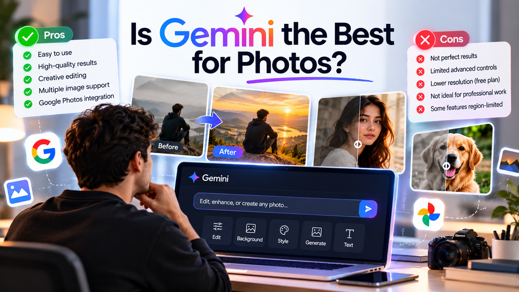 Google Gemini for Photos pros and cons comparison showing AI photo enhancements, editing capabilities, and limitations.