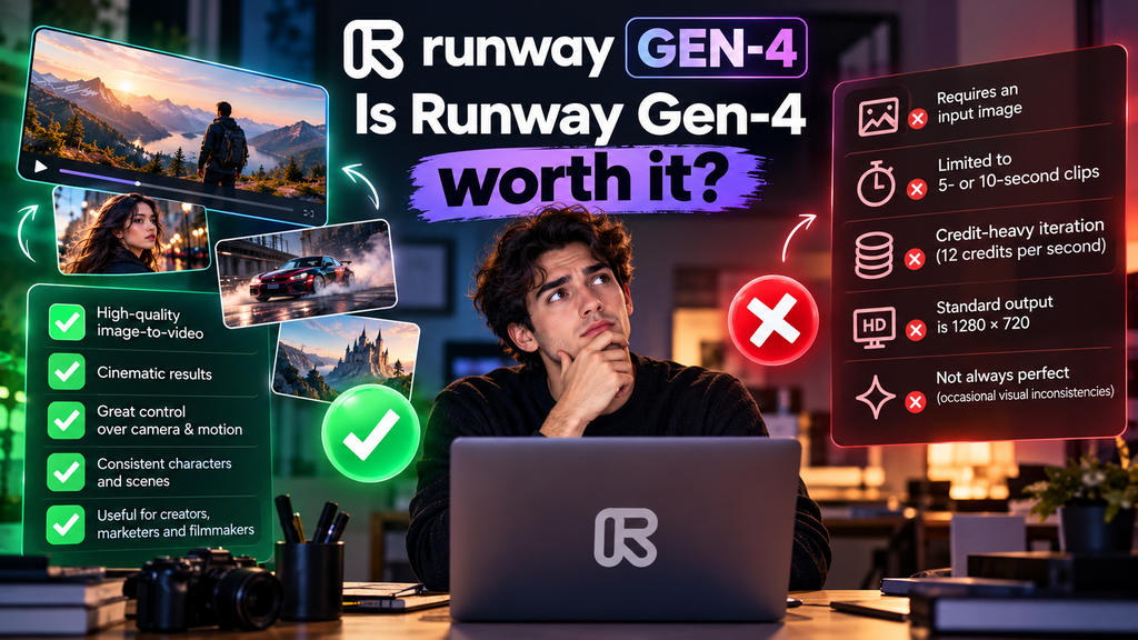 Runway GEN-4 review verdict comparing AI video generation benefits, cinematic quality, pricing concerns, and limitations.