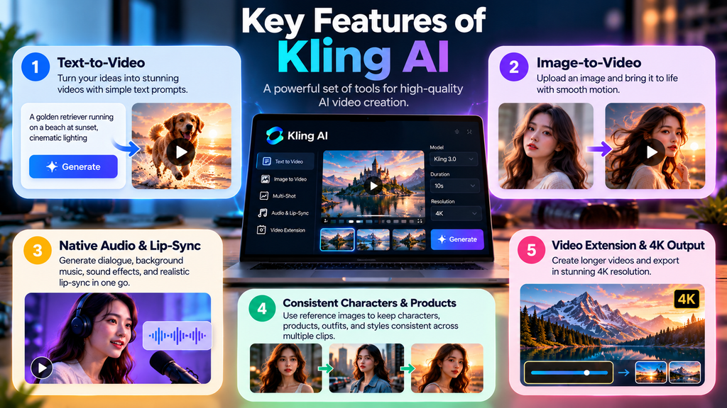 Kling AI features infographic highlighting text-to-video, image-to-video, native audio, lip-sync, character consistency, and 4K video output.