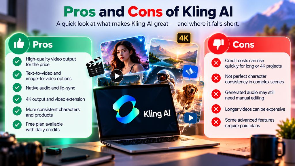 Kling AI pros and cons comparison infographic showing affordable video generation features alongside credit costs, consistency issues, and editing limitations.
