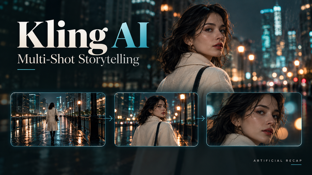 Kling AI illustration showing a woman in a rainy city across wide, medium, and close-up storyboard frames.