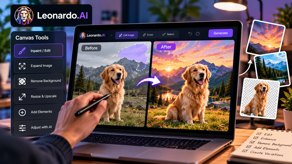 Leonardo AI canvas editing tools demonstrating background removal, inpainting, image enhancement, and before-and-after editing of a dog photo.
