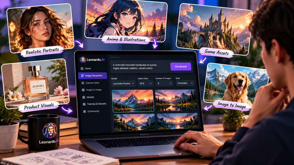 Leonardo AI image models showcasing realistic portraits, anime illustrations, fantasy game assets, product visuals, and image-to-image generation.