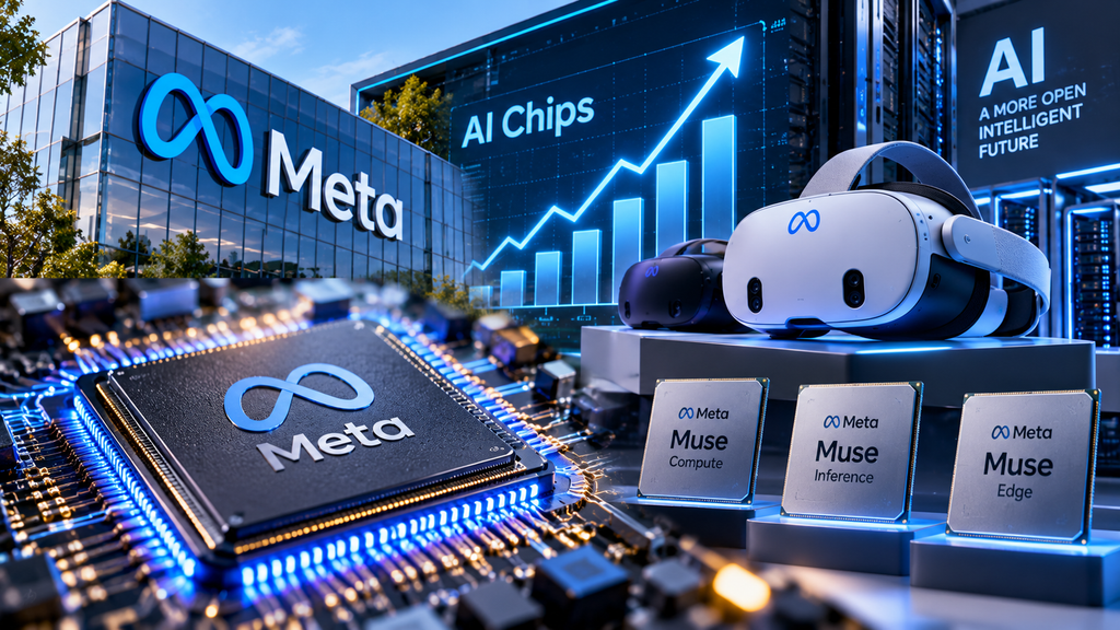 Meta AI processor, Muse technology products, and rising AI chip industry growth chart.