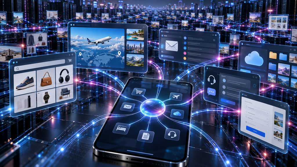 Smartphone displaying an AI agent connected to shopping, travel, email and cloud interfaces through blue and magenta digital pathways.