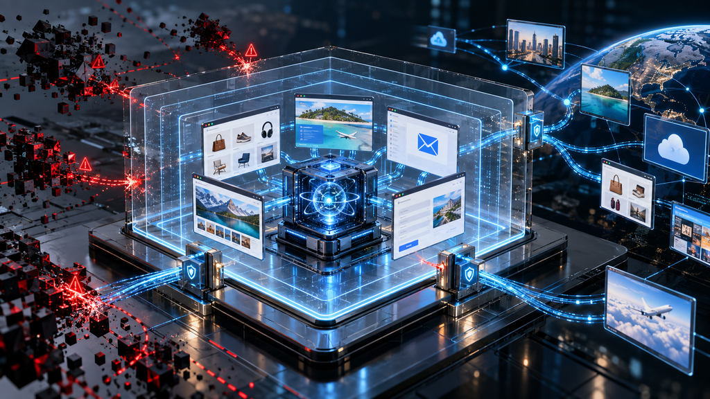 AI computing core inside layered blue security boundaries, connected to online services, with red intrusion signals approaching from outside.