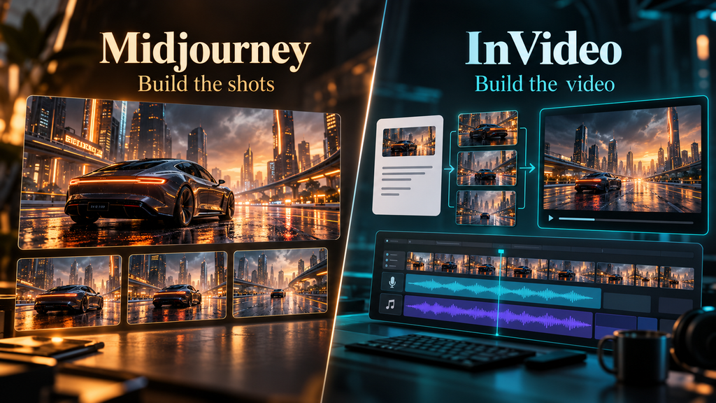 Electric car scenes comparing Midjourney’s individual visual shots with InVideo’s storyboard and editing timeline.