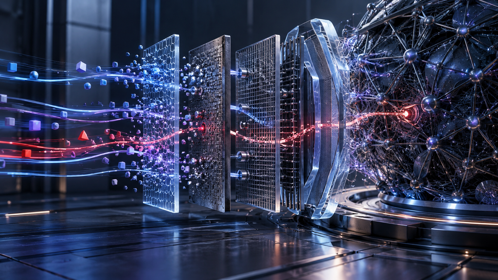 Blue and red testing pathways probe layered digital defenses surrounding an abstract neural network.