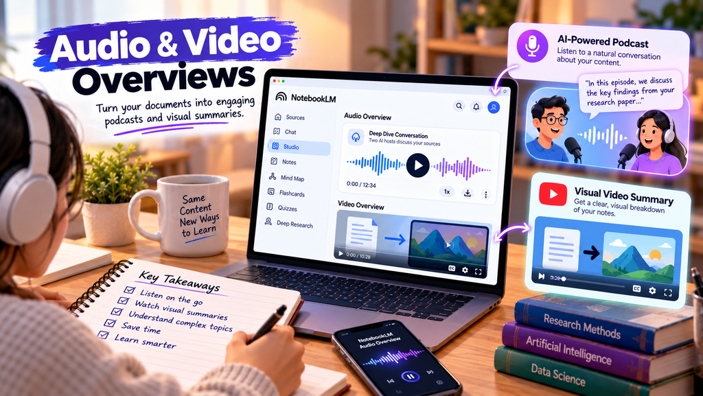 NotebookLM AI Audio and Video Overviews showing podcast-style discussions, audio waveforms, and visual summaries of uploaded study materials.