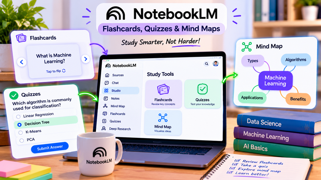 NotebookLM AI study tools displaying interactive flashcards, multiple-choice quizzes, and a machine learning mind map for exam preparation.