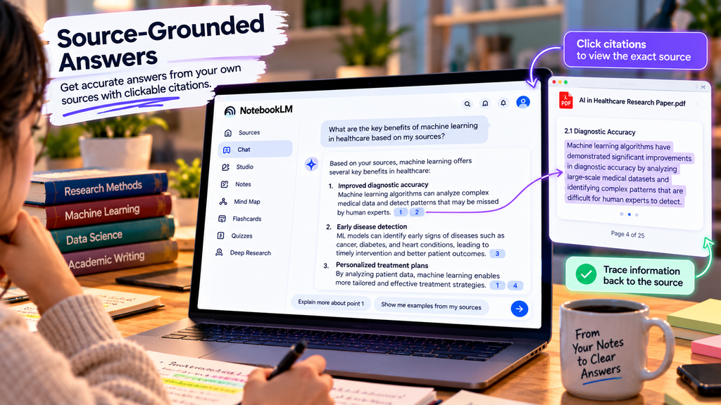 NotebookLM AI showing source-grounded answers with clickable citations linked to highlighted passages in an uploaded research paper.