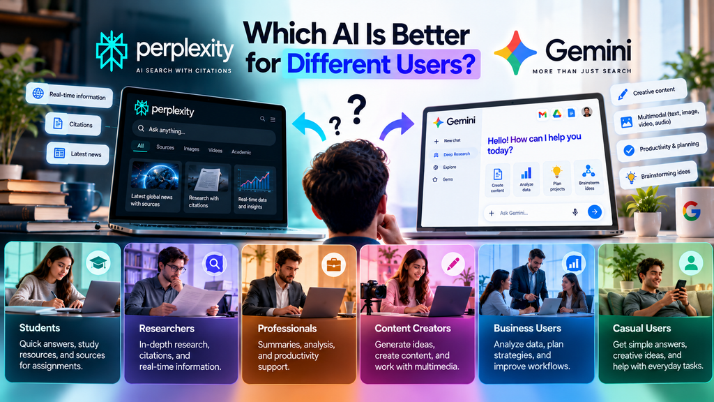 Perplexity vs Gemini for students, researchers, professionals, content creators, business users, and everyday AI users.