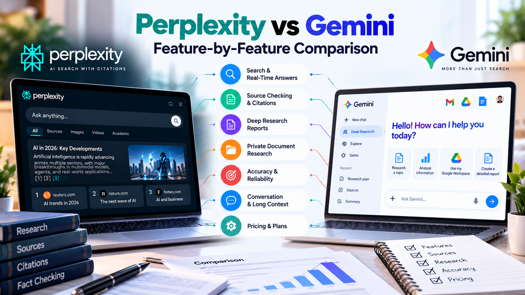 Perplexity vs Gemini feature comparison covering real-time search, citations, Deep Research, document analysis, accuracy, and pricing.