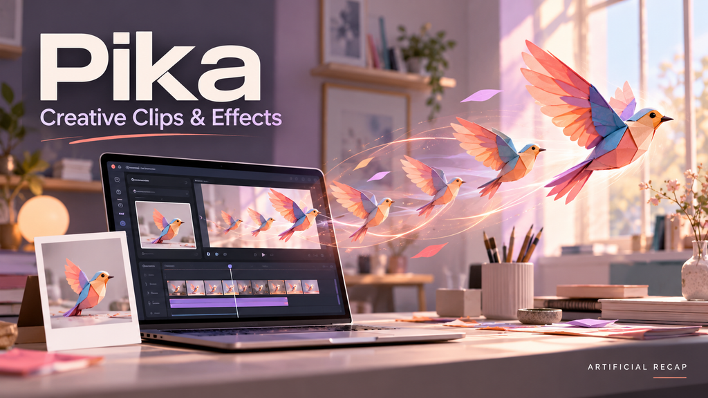 Pika illustration showing a colorful paper bird transforming from a photograph into successive flying poses above a laptop.