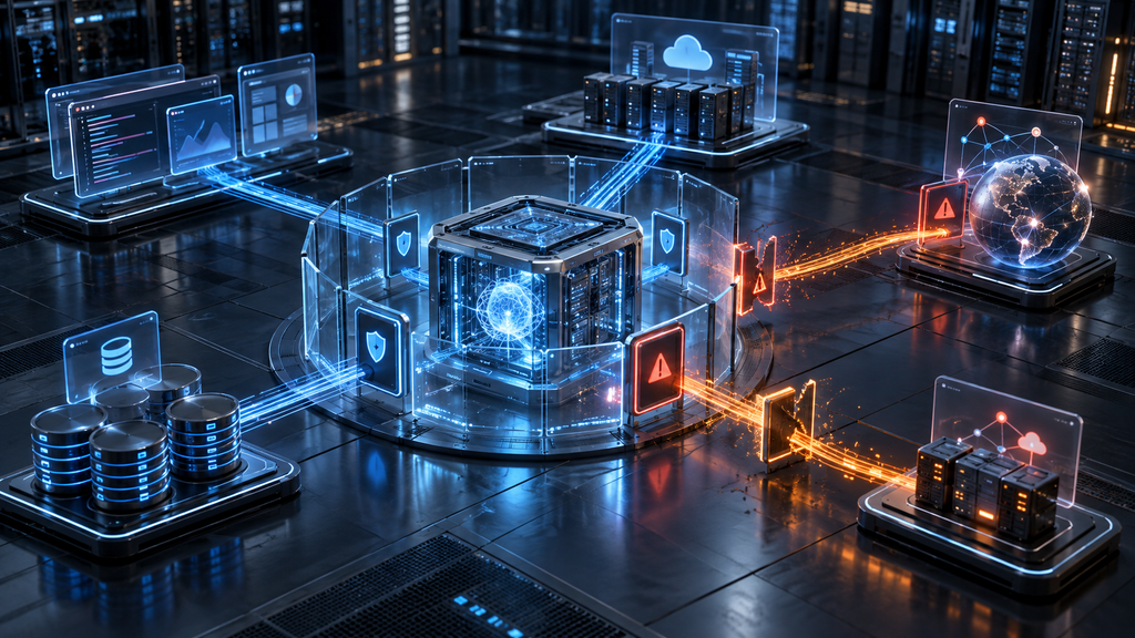 Central AI system connected to software, databases, and cloud servers, with orange pathways crossing containment barriers and triggering warnings.