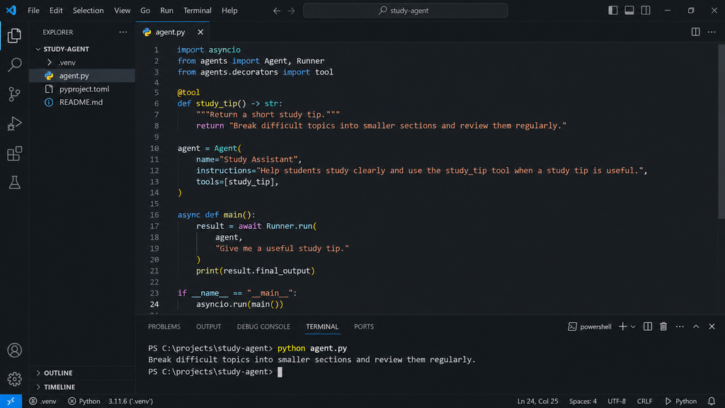VS Code showing Python Agent and Runner code above terminal output explaining photosynthesis.