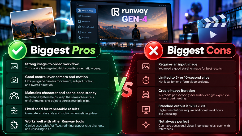Runway GEN-4 pros and cons comparison highlighting cinematic video quality, motion control, short clips, and credit usage.