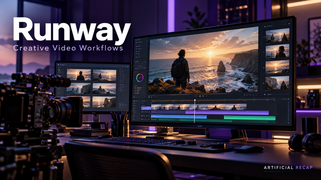 Runway-themed video workstation displaying a coastal scene, storyboard previews, and an editing timeline.