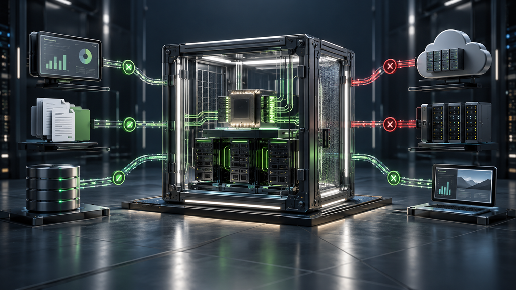 A computing system inside a secure enclosure connects to applications, files, and databases through controlled access pathways.