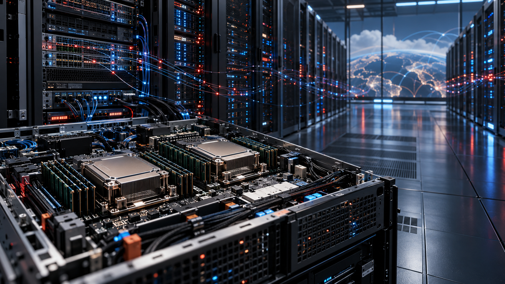 Open server tray with processor heatsinks and memory modules in front of data center racks connected by subtle data streams.